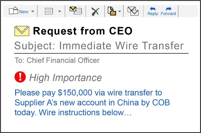 This is an image showing an example of a High Importance email created by a criminal hacker impersonating an executive of a company instructing an employee to process a wire transfer and issue payment.